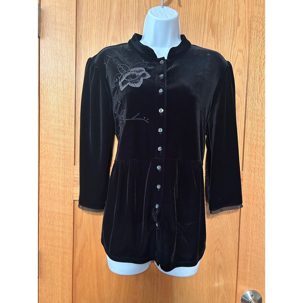 Vintage J. Jill Black Stretch Velvet Floral Embroidered Button Top 1X Whimsigoth